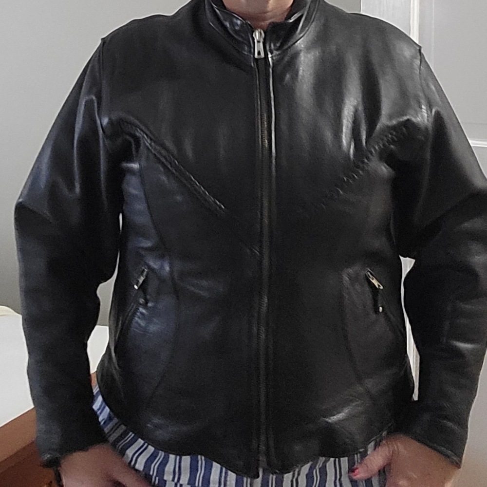 Womens black leather motorcycle jacket, XXL - Picture 4 of 4